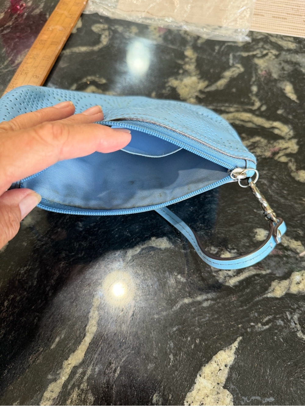Coach Light Blue Perforated Leather Wristlet - Picture 6 of 7